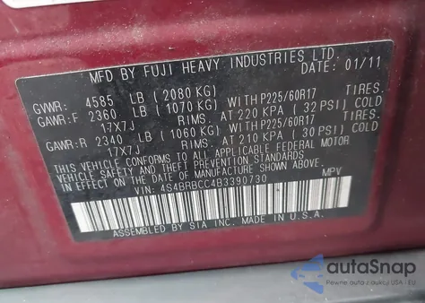 2011 Subaru Outback 2.5I Premium from USA, damaged, VIN 4S4BRBCC4B3390730